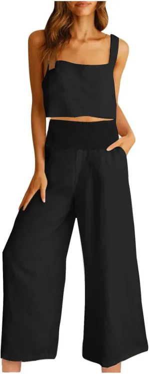 2 Piece Sets For Women Summer 2024 Cotton Linen Crop Tank Top & Wide Leg Pants Matching Set Beach Vacation Outfits