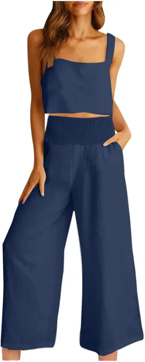 2 Piece Sets For Women Summer 2024 Cotton Linen Crop Tank Top & Wide Leg Pants Matching Set Beach Vacation Outfits