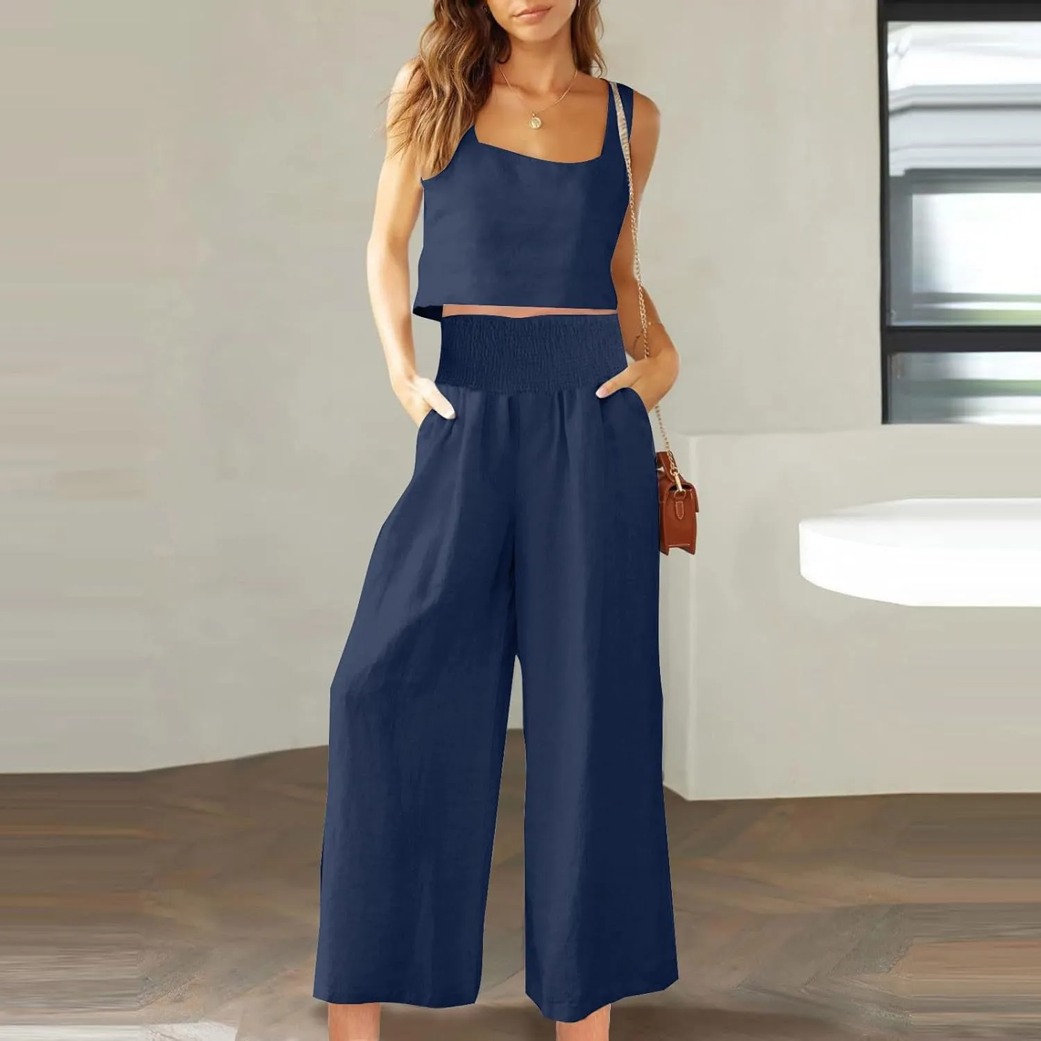 2 Piece Sets For Women Summer 2024 Cotton Linen Crop Tank Top & Wide Leg Pants Matching Set Beach Vacation Outfits