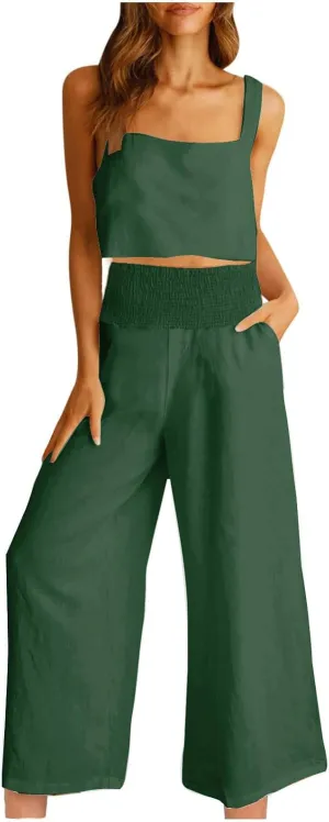 2 Piece Sets For Women Summer 2024 Cotton Linen Crop Tank Top & Wide Leg Pants Matching Set Beach Vacation Outfits