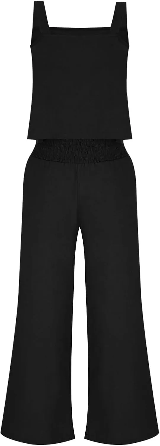 2 Piece Sets For Women Summer 2024 Cotton Linen Crop Tank Top & Wide Leg Pants Matching Set Beach Vacation Outfits