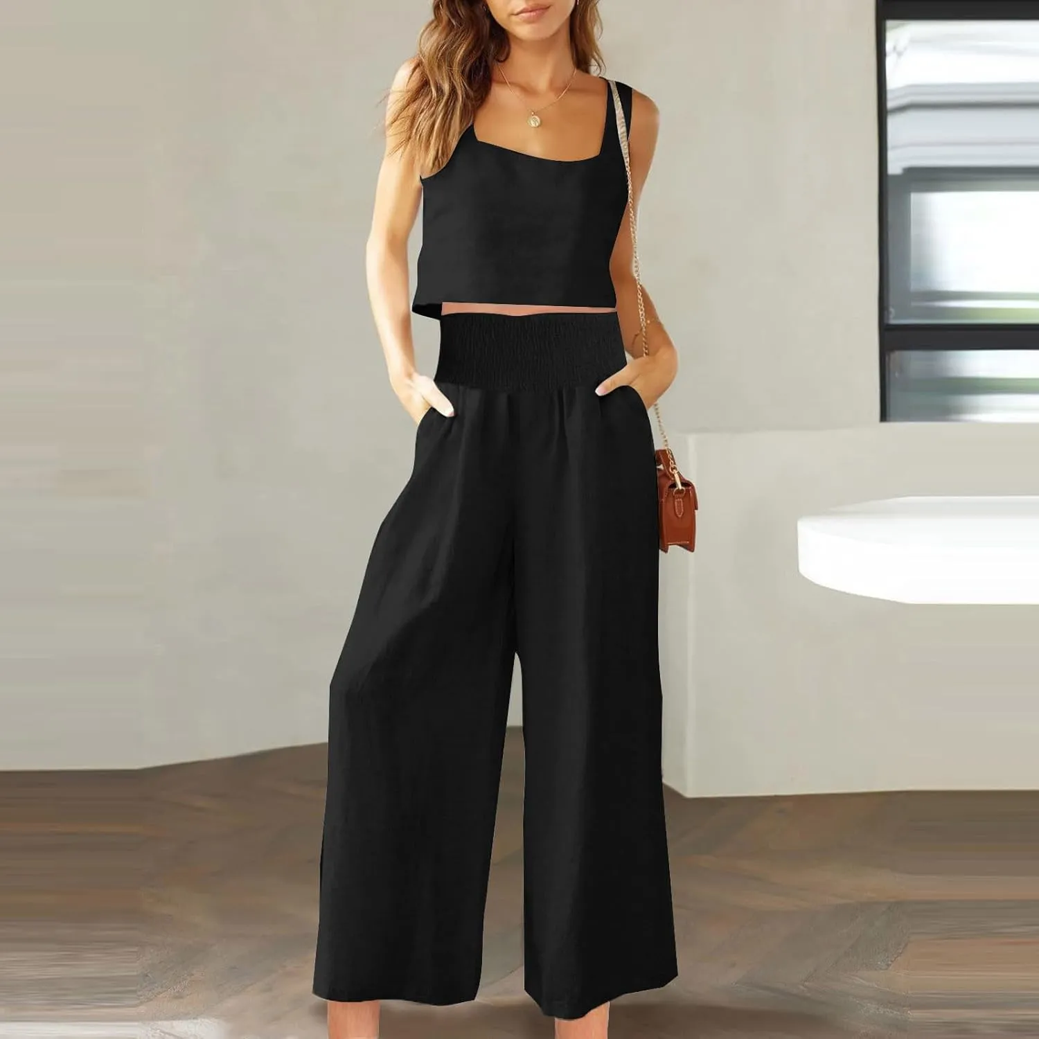 2 Piece Sets For Women Summer 2024 Cotton Linen Crop Tank Top & Wide Leg Pants Matching Set Beach Vacation Outfits