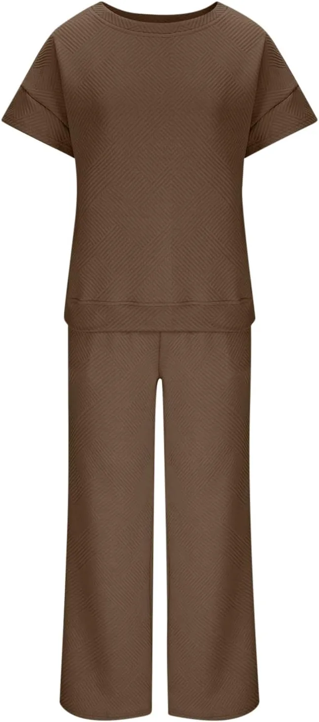 2 Piece Sets For Women Trendy 2024 Summer Loose Pullover Top Wide Leg Pant Tracksuit Set Textured Sweatsuit Outfits