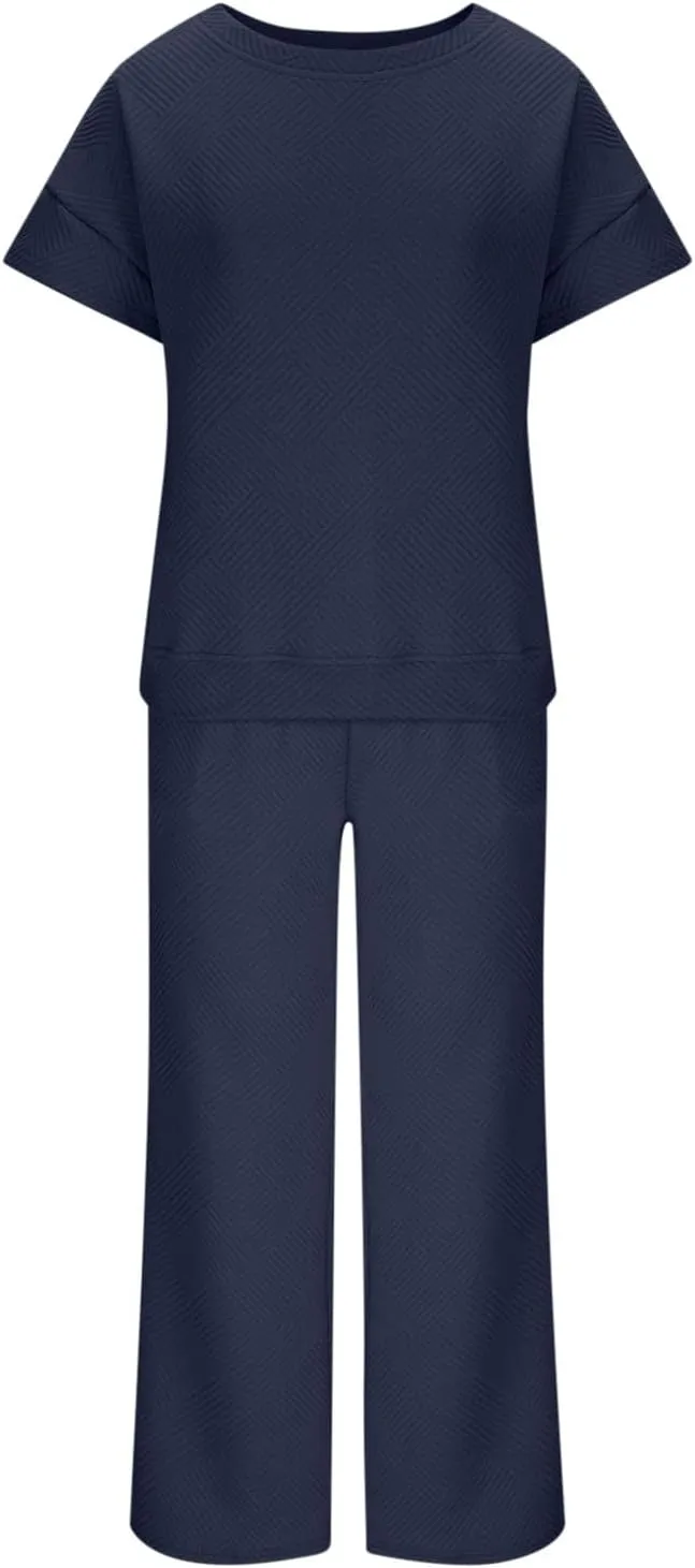 2 Piece Sets For Women Trendy 2024 Summer Loose Pullover Top Wide Leg Pant Tracksuit Set Textured Sweatsuit Outfits