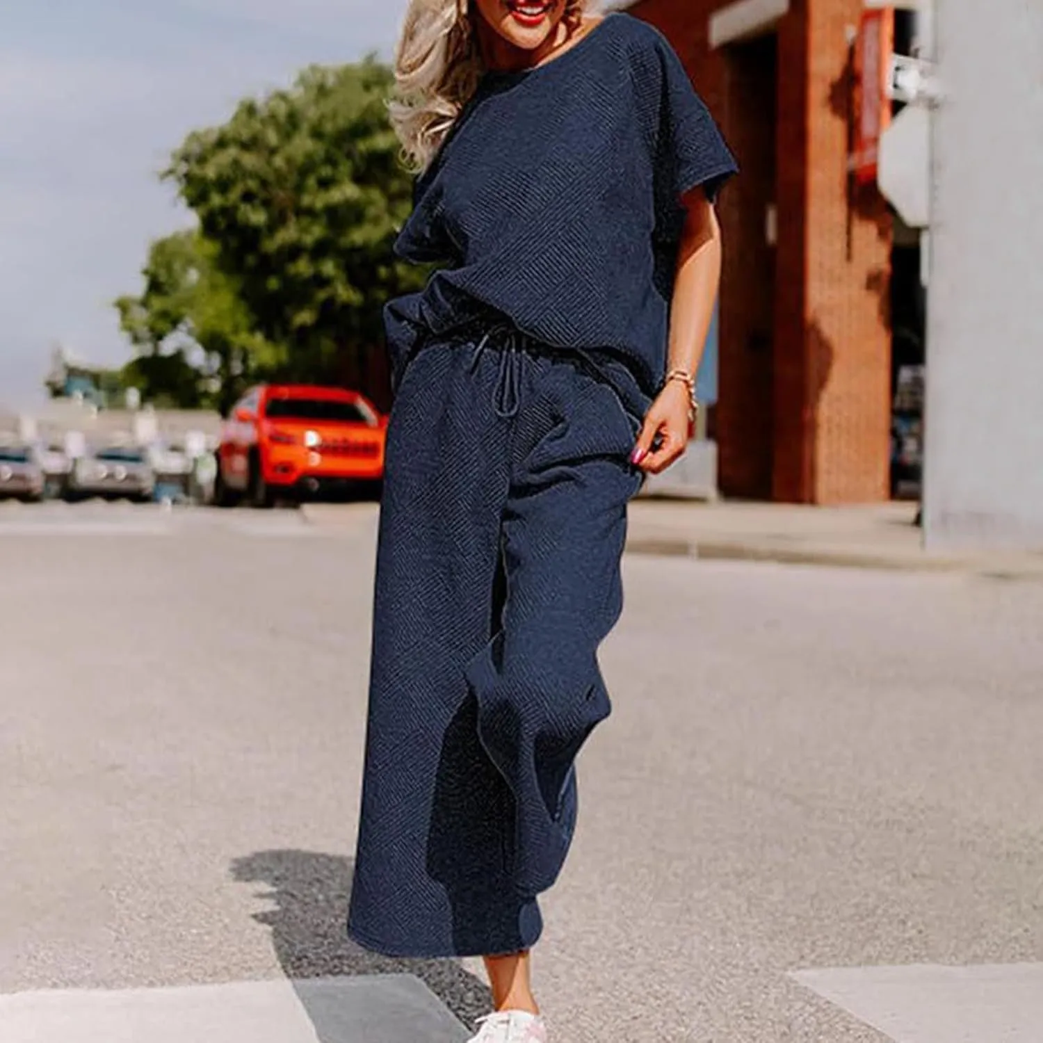 2 Piece Sets For Women Trendy 2024 Summer Loose Pullover Top Wide Leg Pant Tracksuit Set Textured Sweatsuit Outfits