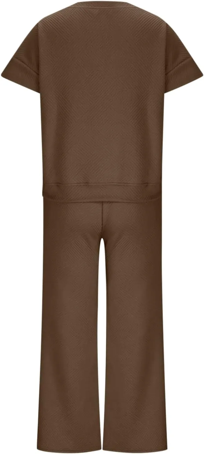 2 Piece Sets For Women Trendy 2024 Summer Loose Pullover Top Wide Leg Pant Tracksuit Set Textured Sweatsuit Outfits