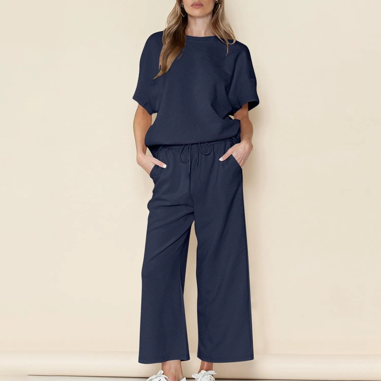 2 Piece Sets For Women Trendy 2024 Summer Loose Pullover Top Wide Leg Pant Tracksuit Set Textured Sweatsuit Outfits
