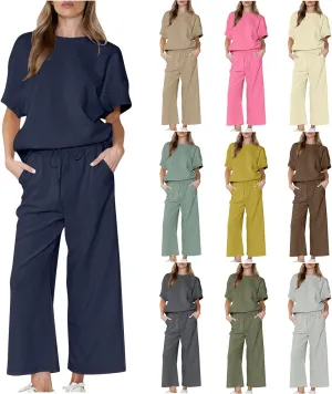 2 Piece Sets For Women Trendy 2024 Summer Loose Pullover Top Wide Leg Pant Tracksuit Set Textured Sweatsuit Outfits
