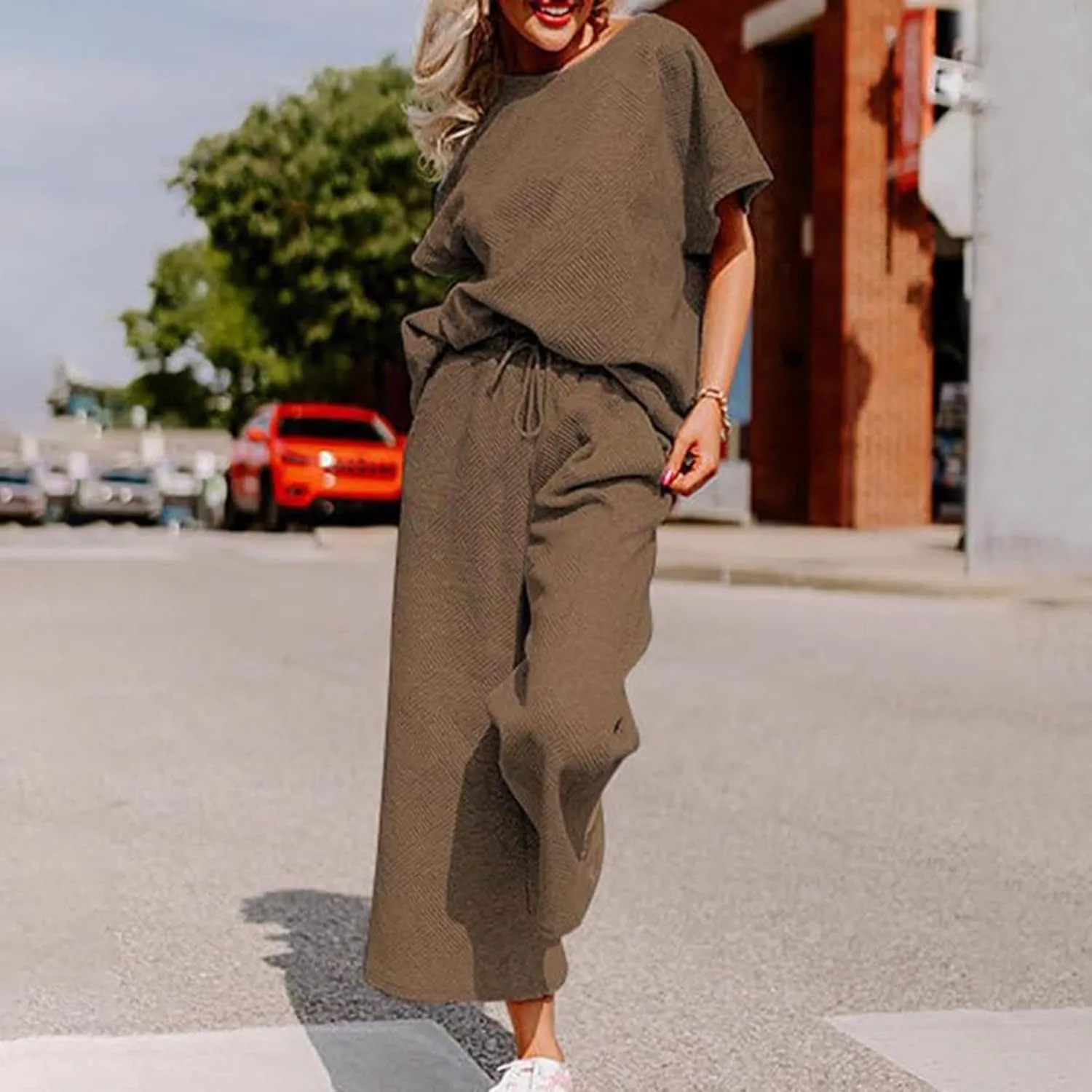 2 Piece Sets For Women Trendy 2024 Summer Loose Pullover Top Wide Leg Pant Tracksuit Set Textured Sweatsuit Outfits