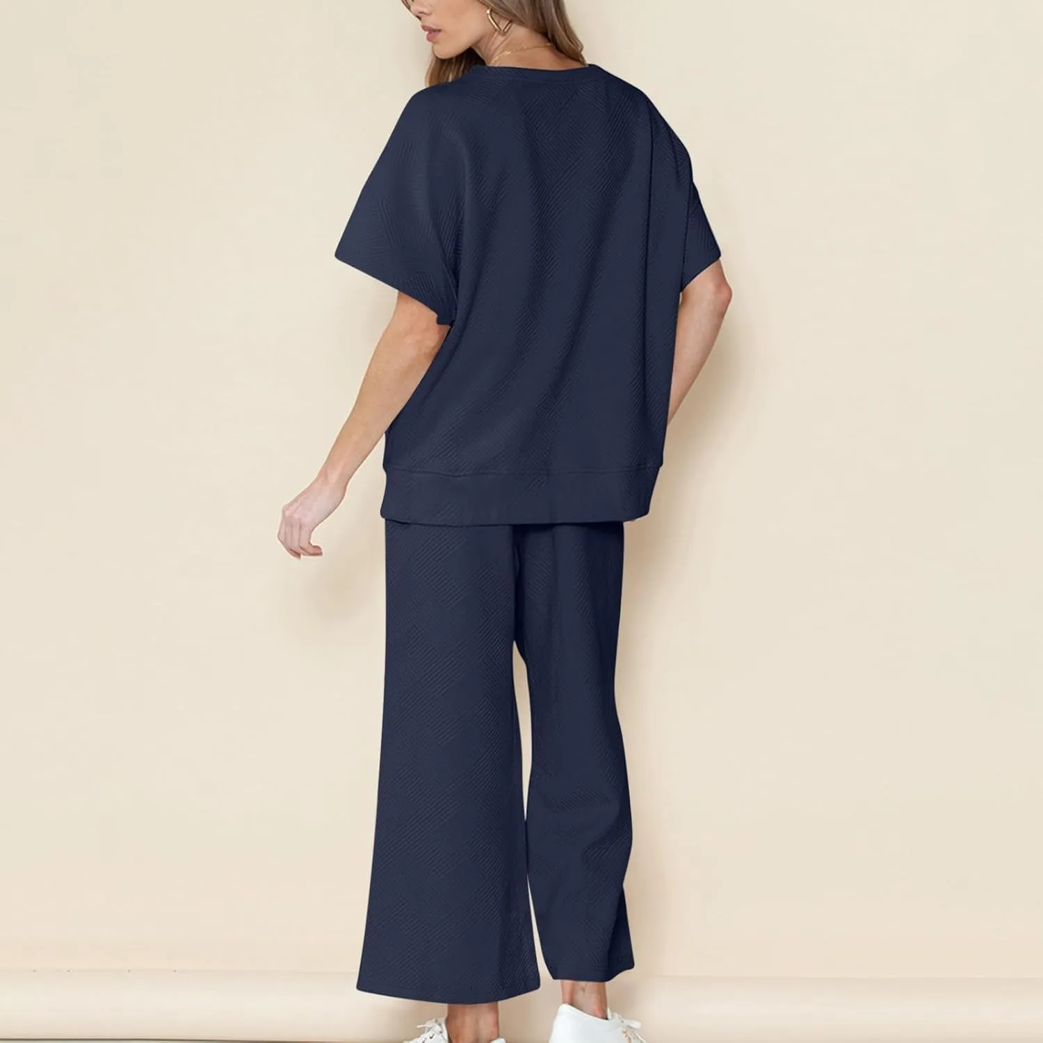 2 Piece Sets For Women Trendy 2024 Summer Loose Pullover Top Wide Leg Pant Tracksuit Set Textured Sweatsuit Outfits
