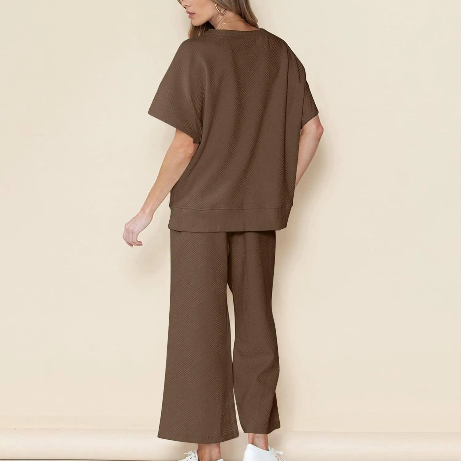 2 Piece Sets For Women Trendy 2024 Summer Loose Pullover Top Wide Leg Pant Tracksuit Set Textured Sweatsuit Outfits
