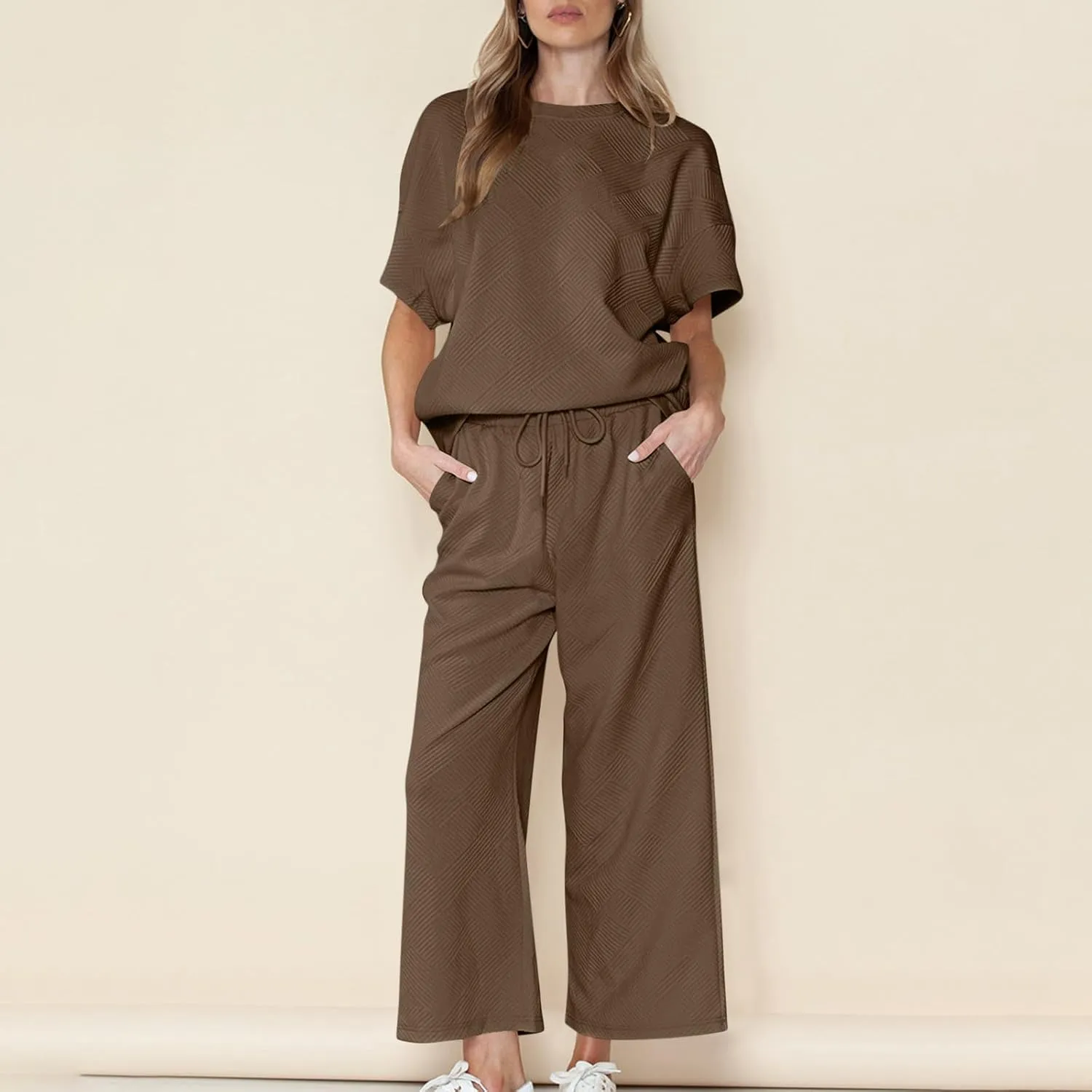 2 Piece Sets For Women Trendy 2024 Summer Loose Pullover Top Wide Leg Pant Tracksuit Set Textured Sweatsuit Outfits