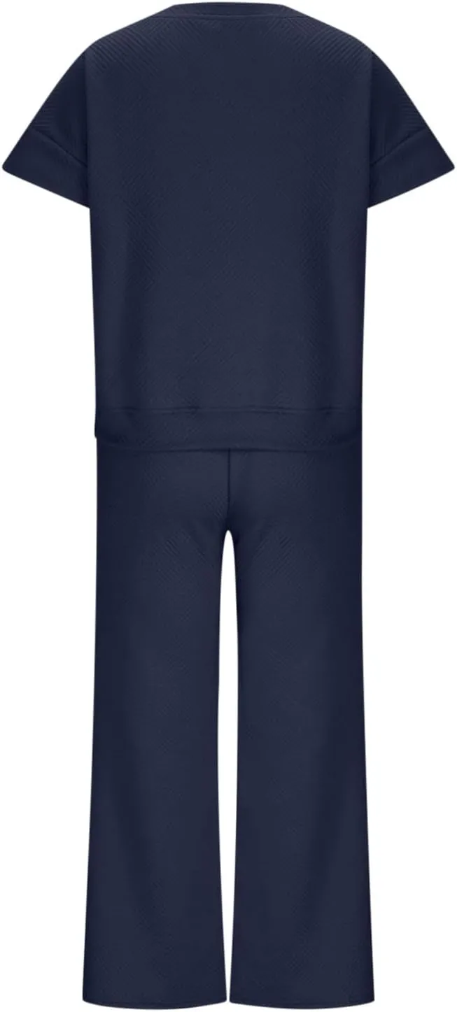 2 Piece Sets For Women Trendy 2024 Summer Loose Pullover Top Wide Leg Pant Tracksuit Set Textured Sweatsuit Outfits