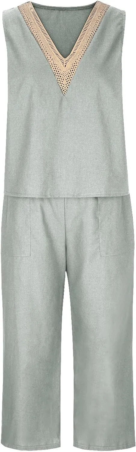 2 Piece Summer Sets For Women Cotton Linen Beach Vacation Outfits 2024 v Neck Crop Top Wide Leg Capri Pants Set