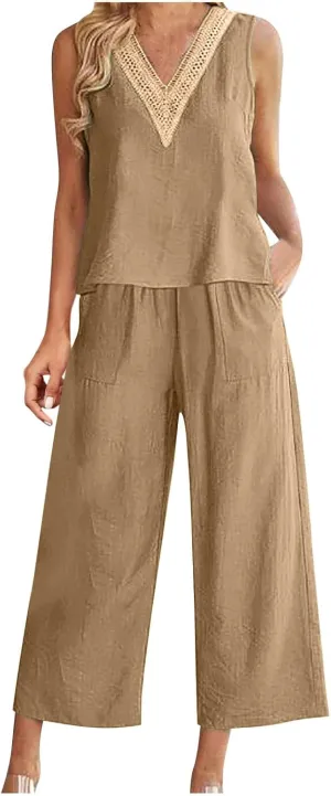 2 Piece Summer Sets For Women Cotton Linen Beach Vacation Outfits 2024 v Neck Crop Top Wide Leg Capri Pants Set