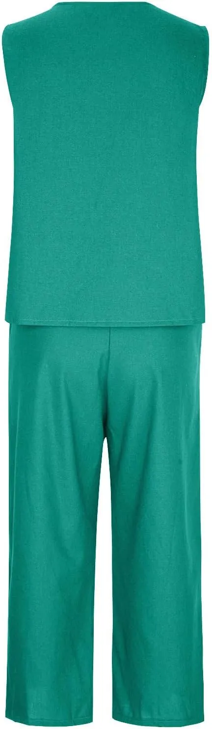 2 Piece Summer Sets For Women Cotton Linen Beach Vacation Outfits 2024 v Neck Crop Top Wide Leg Capri Pants Set