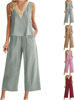 2 Piece Summer Sets For Women Cotton Linen Beach Vacation Outfits 2024 v Neck Crop Top Wide Leg Capri Pants Set