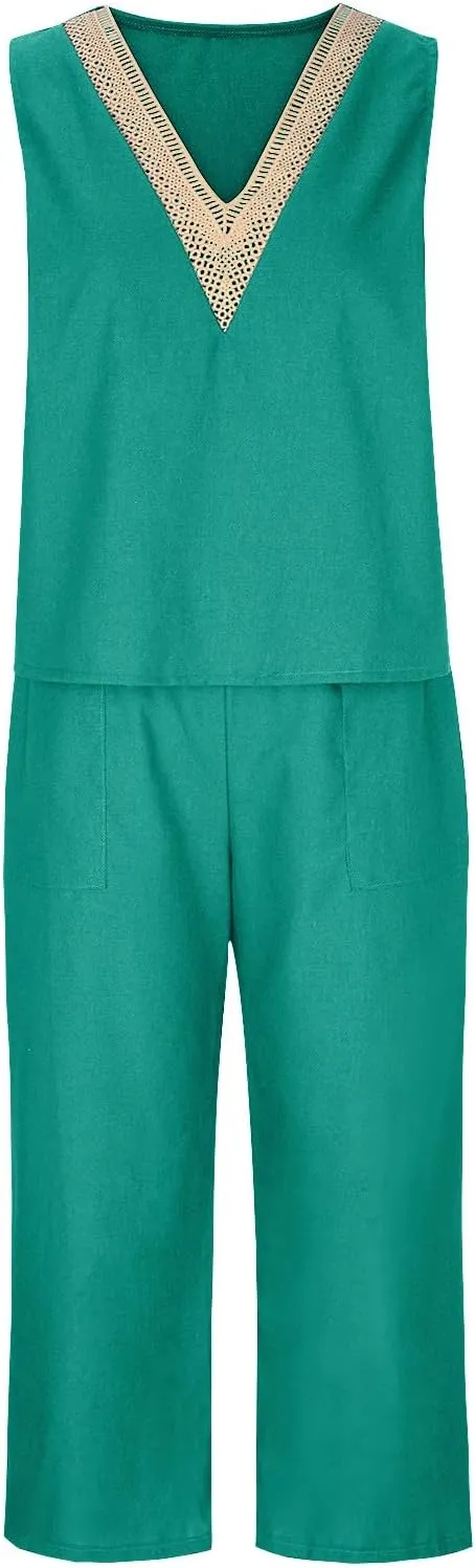 2 Piece Summer Sets For Women Cotton Linen Beach Vacation Outfits 2024 v Neck Crop Top Wide Leg Capri Pants Set