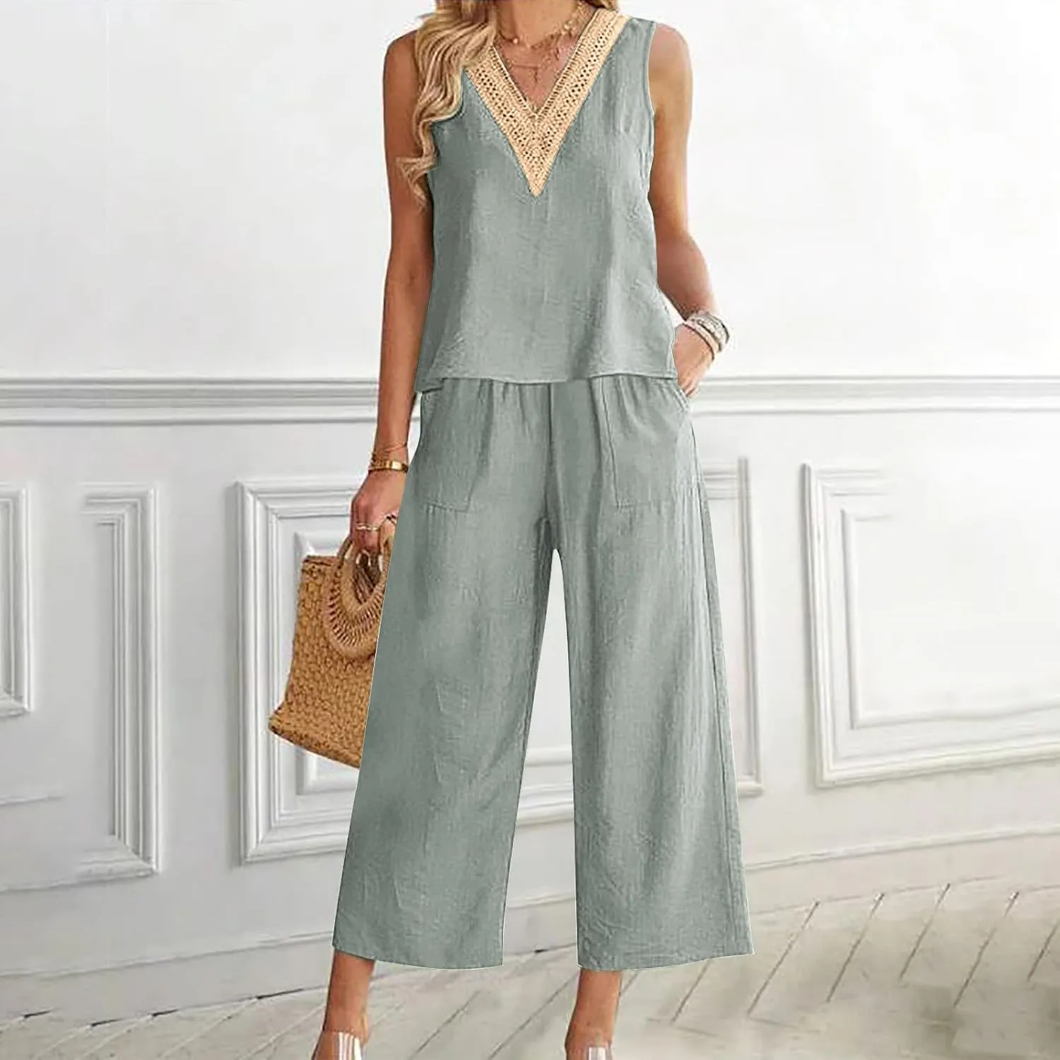 2 Piece Summer Sets For Women Cotton Linen Beach Vacation Outfits 2024 v Neck Crop Top Wide Leg Capri Pants Set