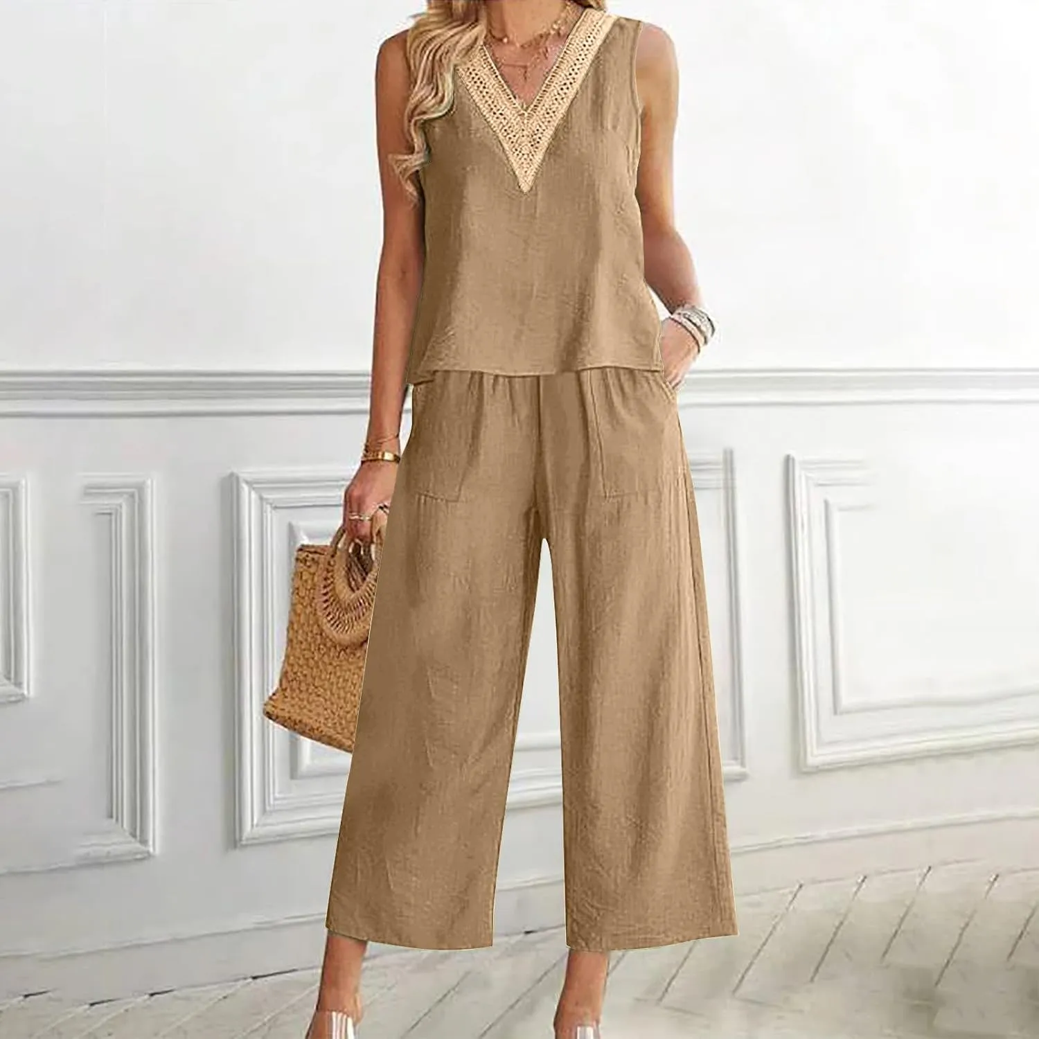 2 Piece Summer Sets For Women Cotton Linen Beach Vacation Outfits 2024 v Neck Crop Top Wide Leg Capri Pants Set