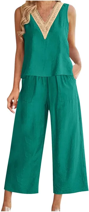 2 Piece Summer Sets For Women Cotton Linen Beach Vacation Outfits 2024 v Neck Crop Top Wide Leg Capri Pants Set