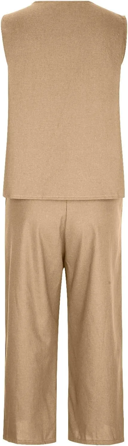 2 Piece Summer Sets For Women Cotton Linen Beach Vacation Outfits 2024 v Neck Crop Top Wide Leg Capri Pants Set
