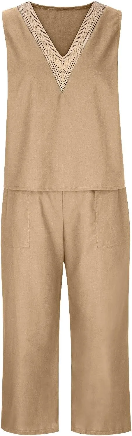 2 Piece Summer Sets For Women Cotton Linen Beach Vacation Outfits 2024 v Neck Crop Top Wide Leg Capri Pants Set