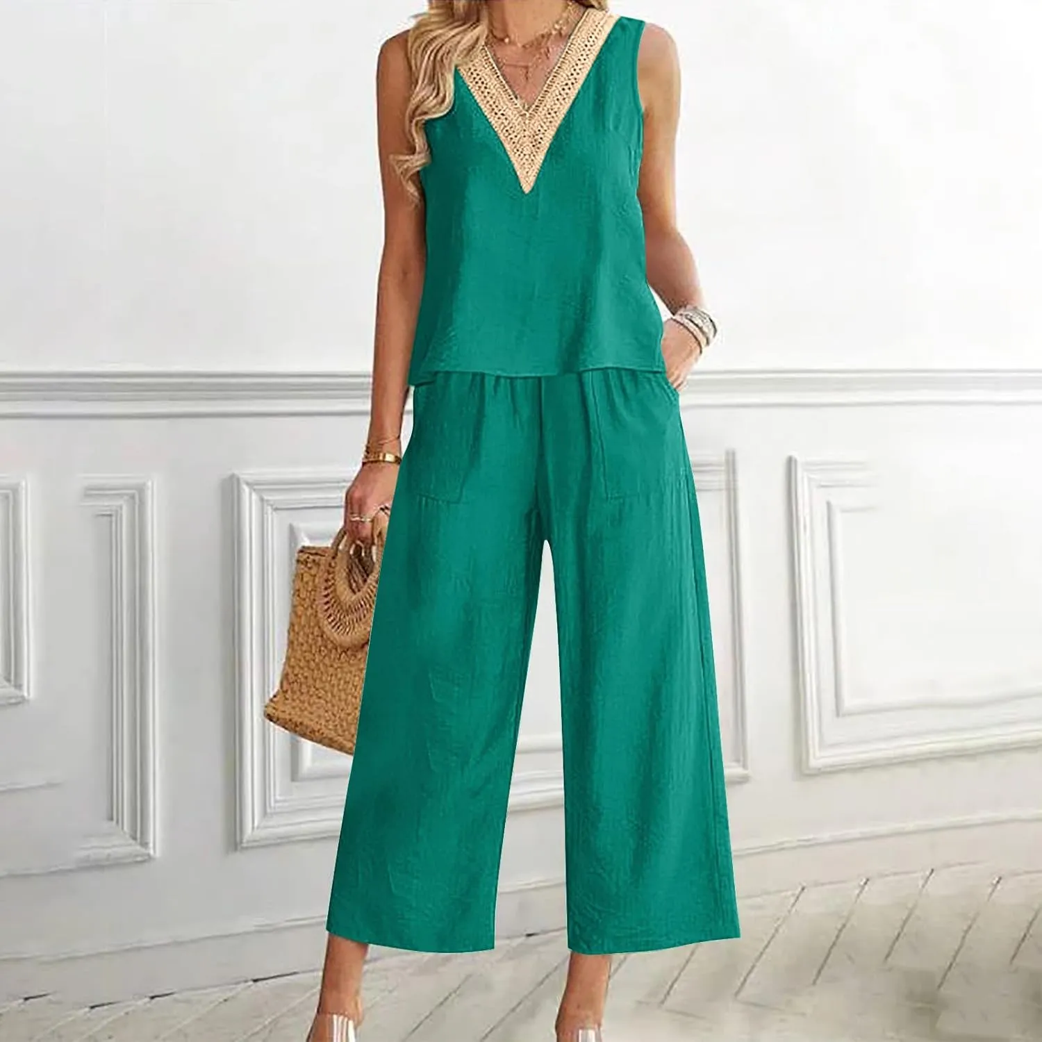 2 Piece Summer Sets For Women Cotton Linen Beach Vacation Outfits 2024 v Neck Crop Top Wide Leg Capri Pants Set
