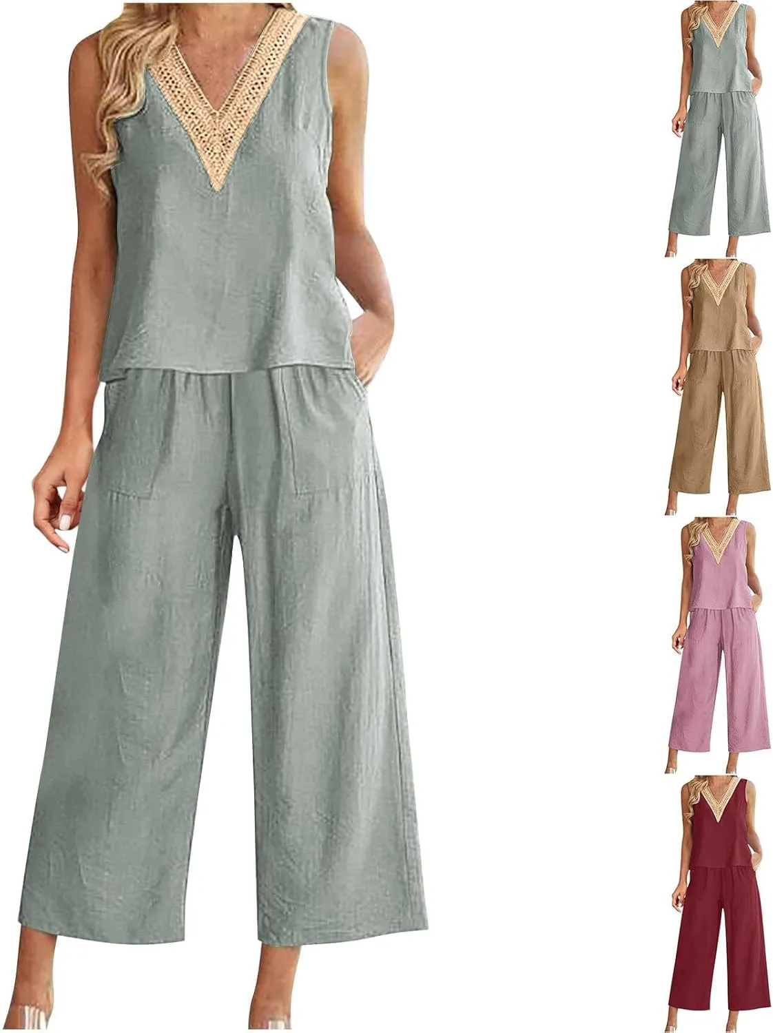2 Piece Summer Sets For Women Cotton Linen Beach Vacation Outfits 2024 v Neck Crop Top Wide Leg Capri Pants Set