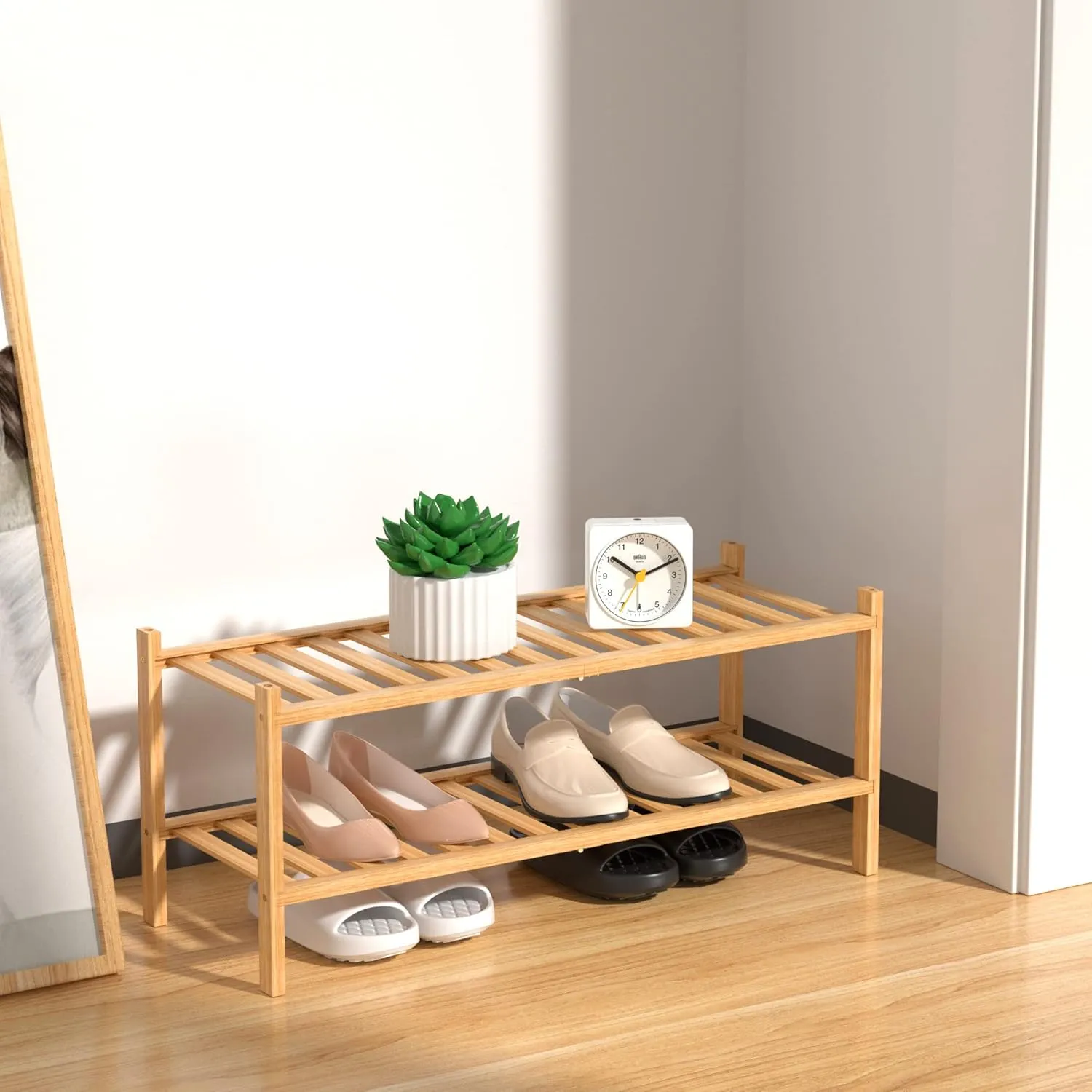 2 Tier Bamboo Shoe Rack for Closet Free Standing Wood Shoe Shelf Storage Organizer for Entryway Small Space Stackable, Natural