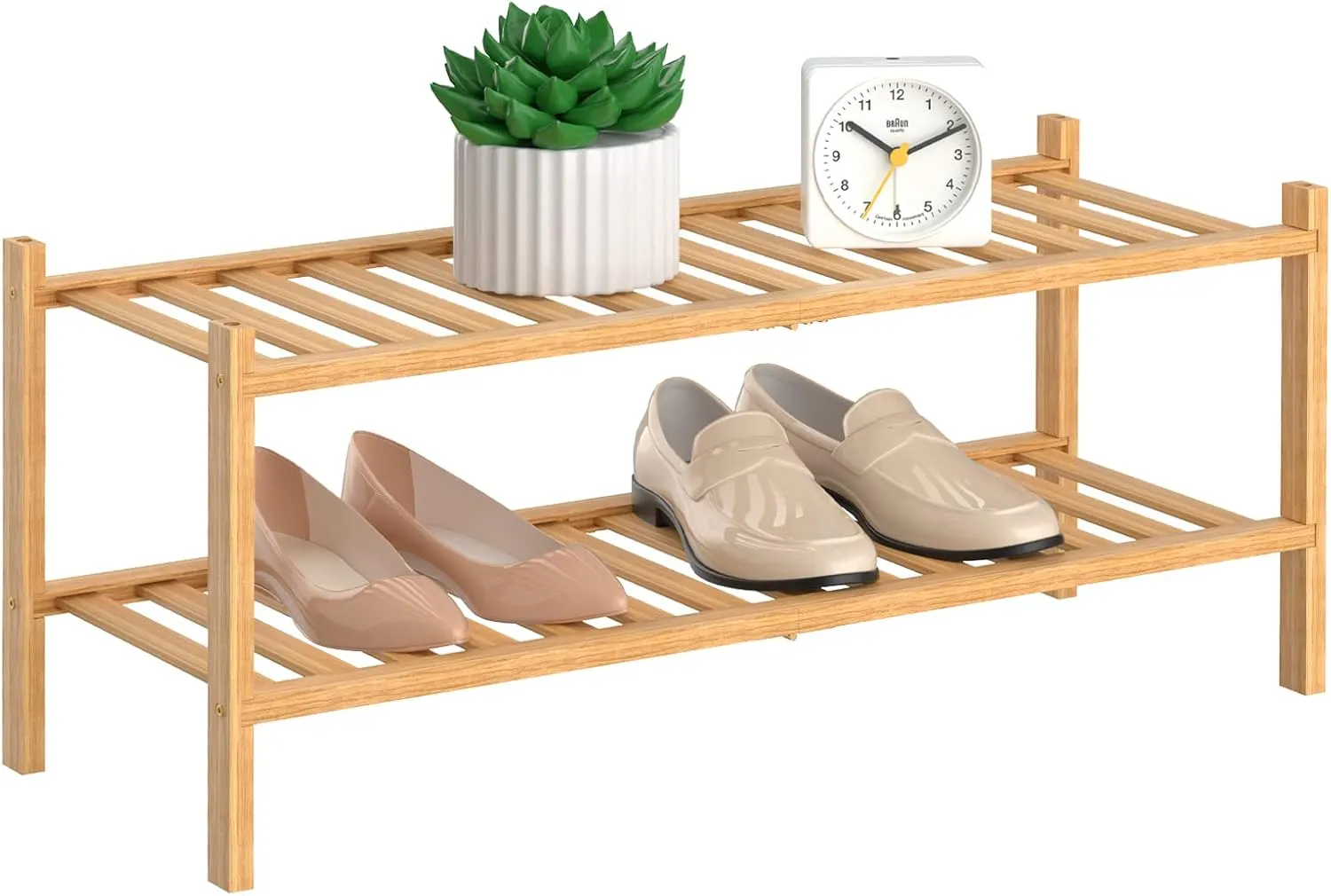 2 Tier Bamboo Shoe Rack for Closet Free Standing Wood Shoe Shelf Storage Organizer for Entryway Small Space Stackable, Natural