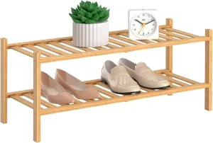 2 Tier Bamboo Shoe Rack for Closet Free Standing Wood Shoe Shelf Storage Organizer for Entryway Small Space Stackable, Natural