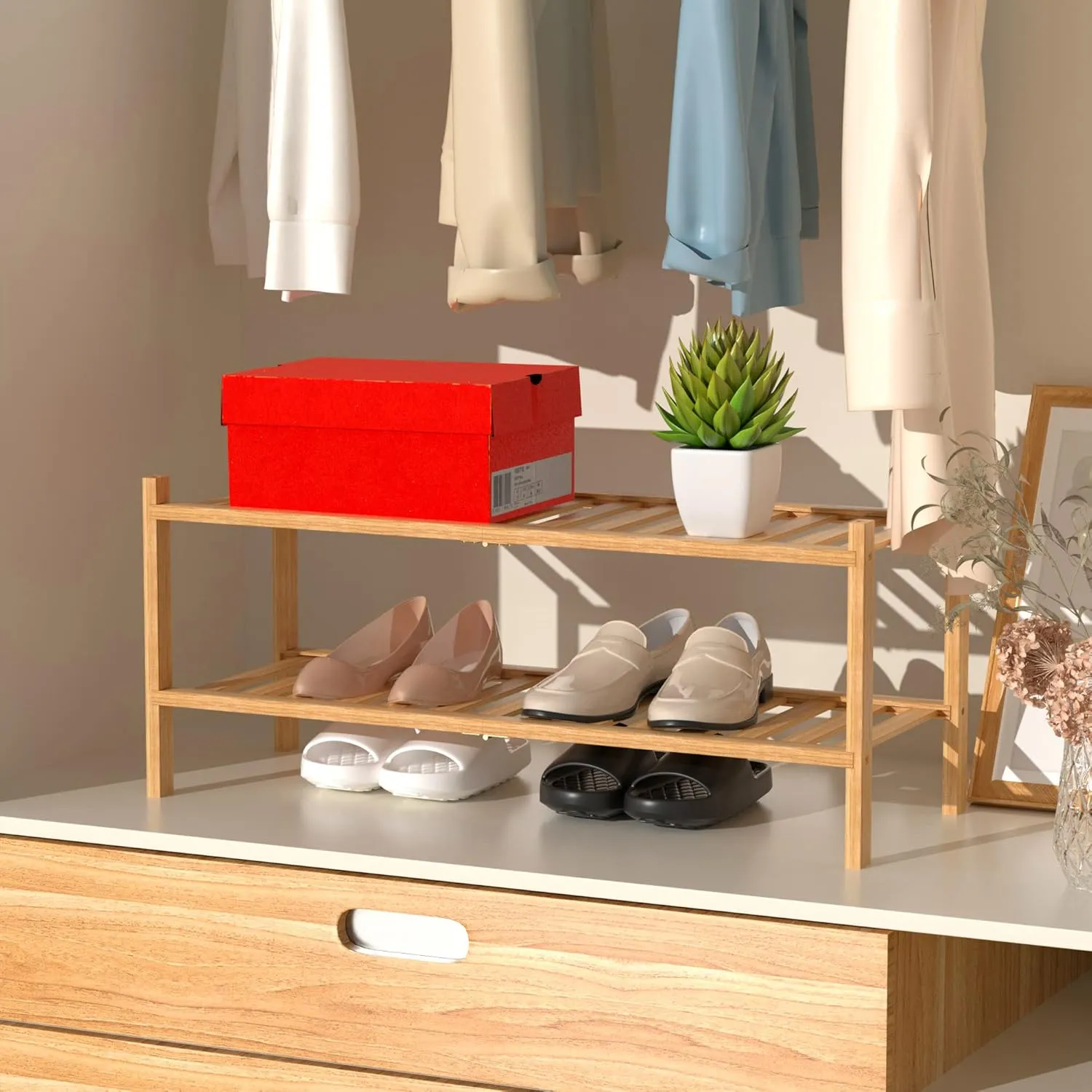 2 Tier Bamboo Shoe Rack for Closet Free Standing Wood Shoe Shelf Storage Organizer for Entryway Small Space Stackable, Natural