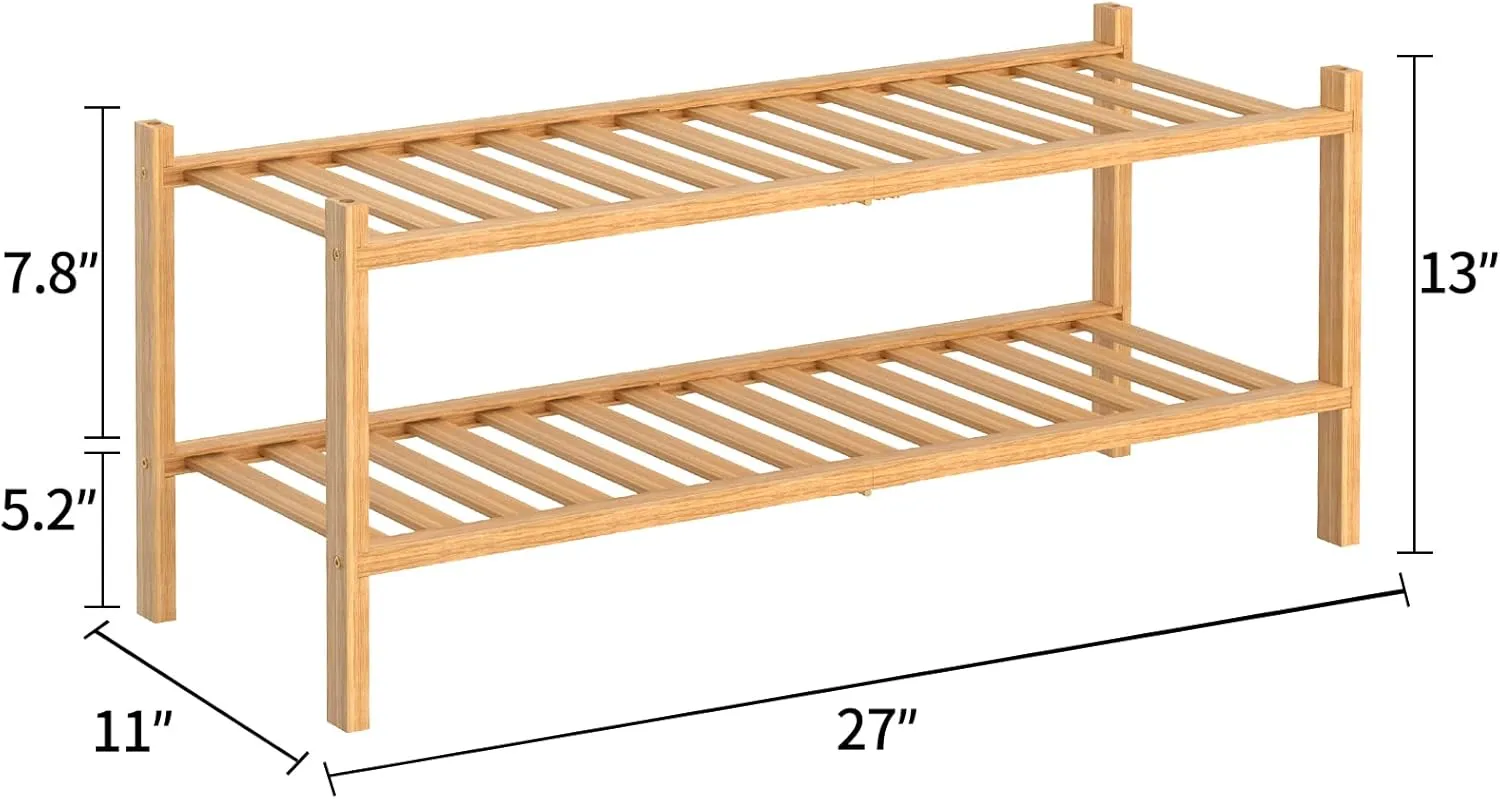 2 Tier Bamboo Shoe Rack for Closet Free Standing Wood Shoe Shelf Storage Organizer for Entryway Small Space Stackable, Natural