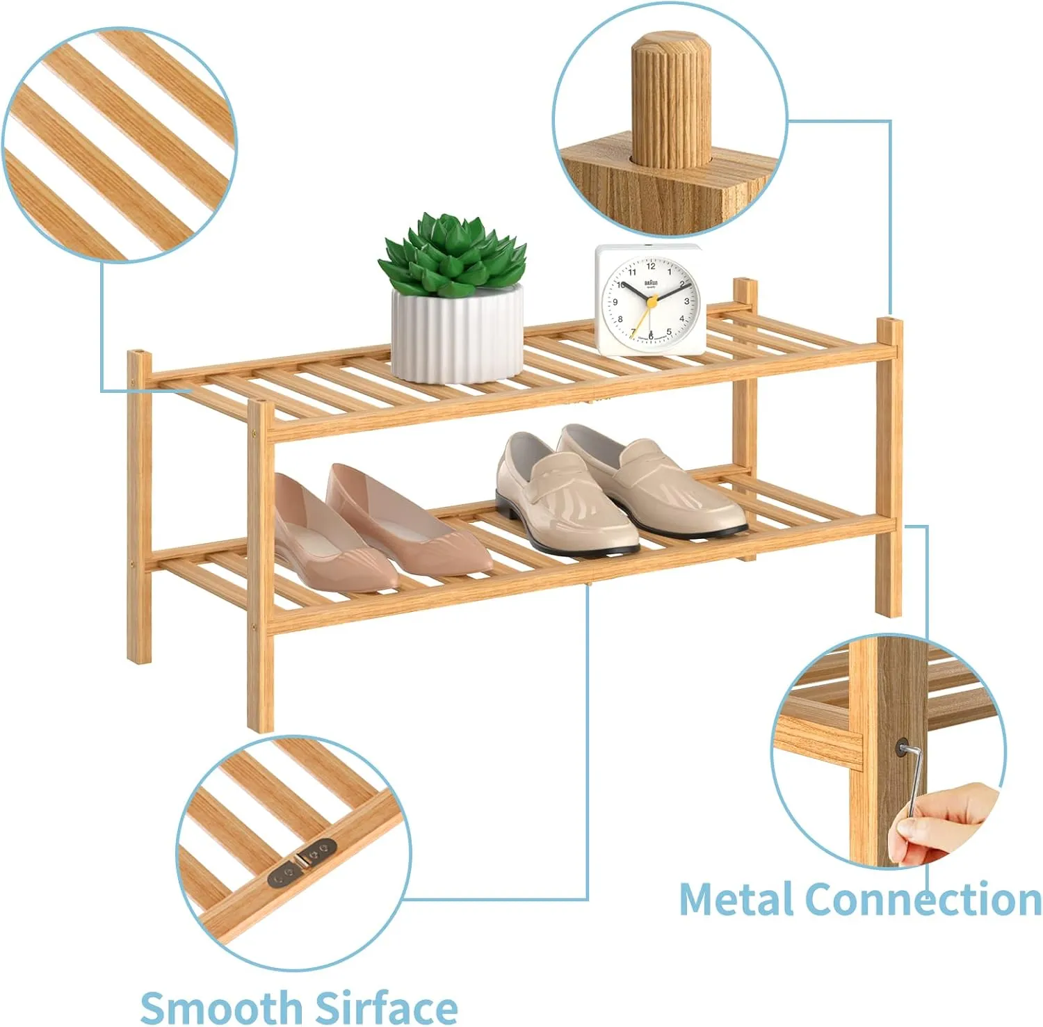 2 Tier Bamboo Shoe Rack for Closet Free Standing Wood Shoe Shelf Storage Organizer for Entryway Small Space Stackable, Natural