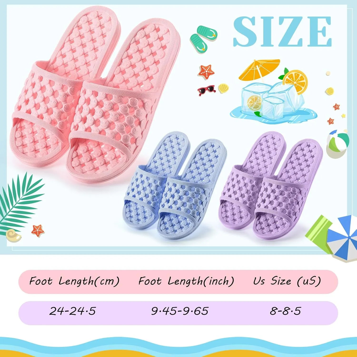 3 Pairs Shower Shoes for Women Quick Dry Non Slip Shower Slippers with Drain Holes for Indoor Outdoor Living Room
