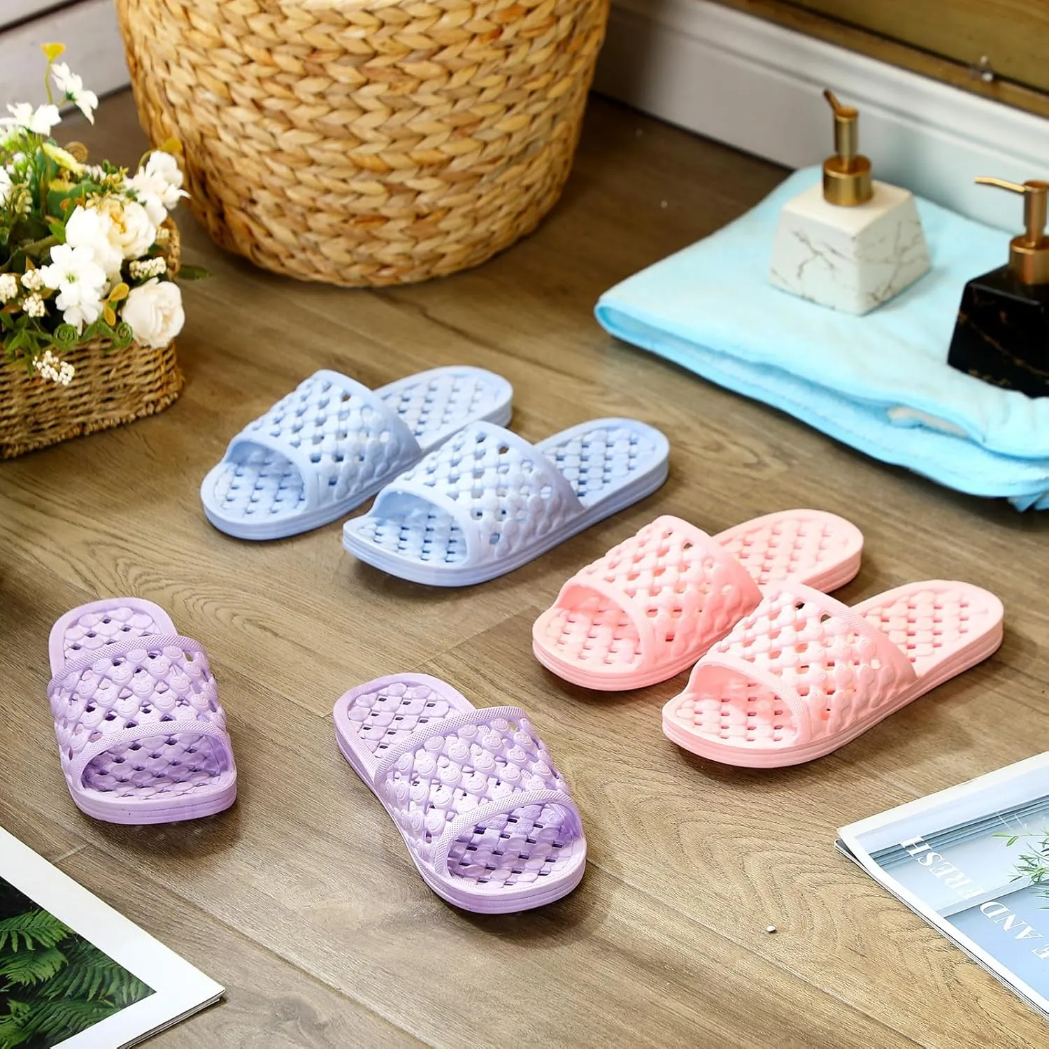 3 Pairs Shower Shoes for Women Quick Dry Non Slip Shower Slippers with Drain Holes for Indoor Outdoor Living Room