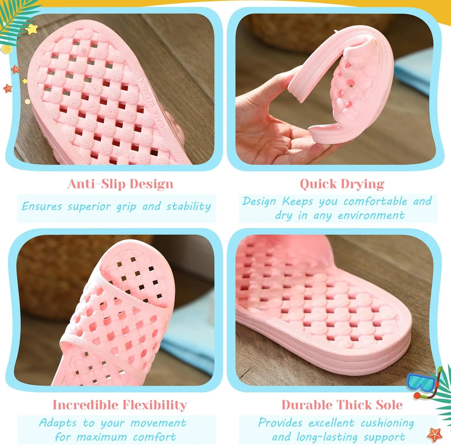 3 Pairs Shower Shoes for Women Quick Dry Non Slip Shower Slippers with Drain Holes for Indoor Outdoor Living Room