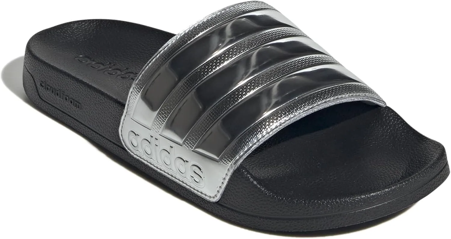 adidas Unisex Adilette Shower Slide Sandal, Black/Silver Metallic/Silver Metallic, 10 US Men