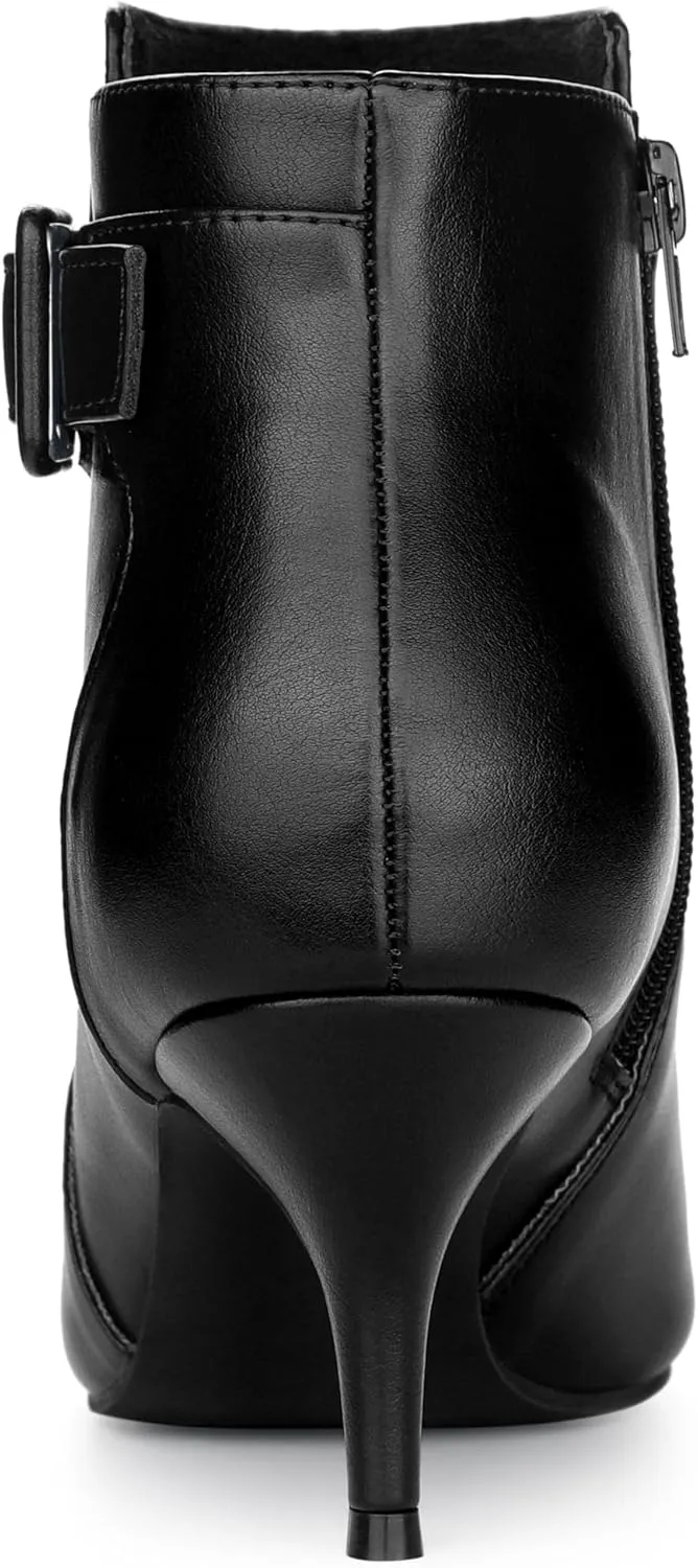 Allegra K Women's Pointy Toe Zipper Buckle Decor Kitten Heels Ankle Boots
