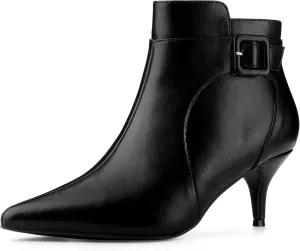 Allegra K Women's Pointy Toe Zipper Buckle Decor Kitten Heels Ankle Boots