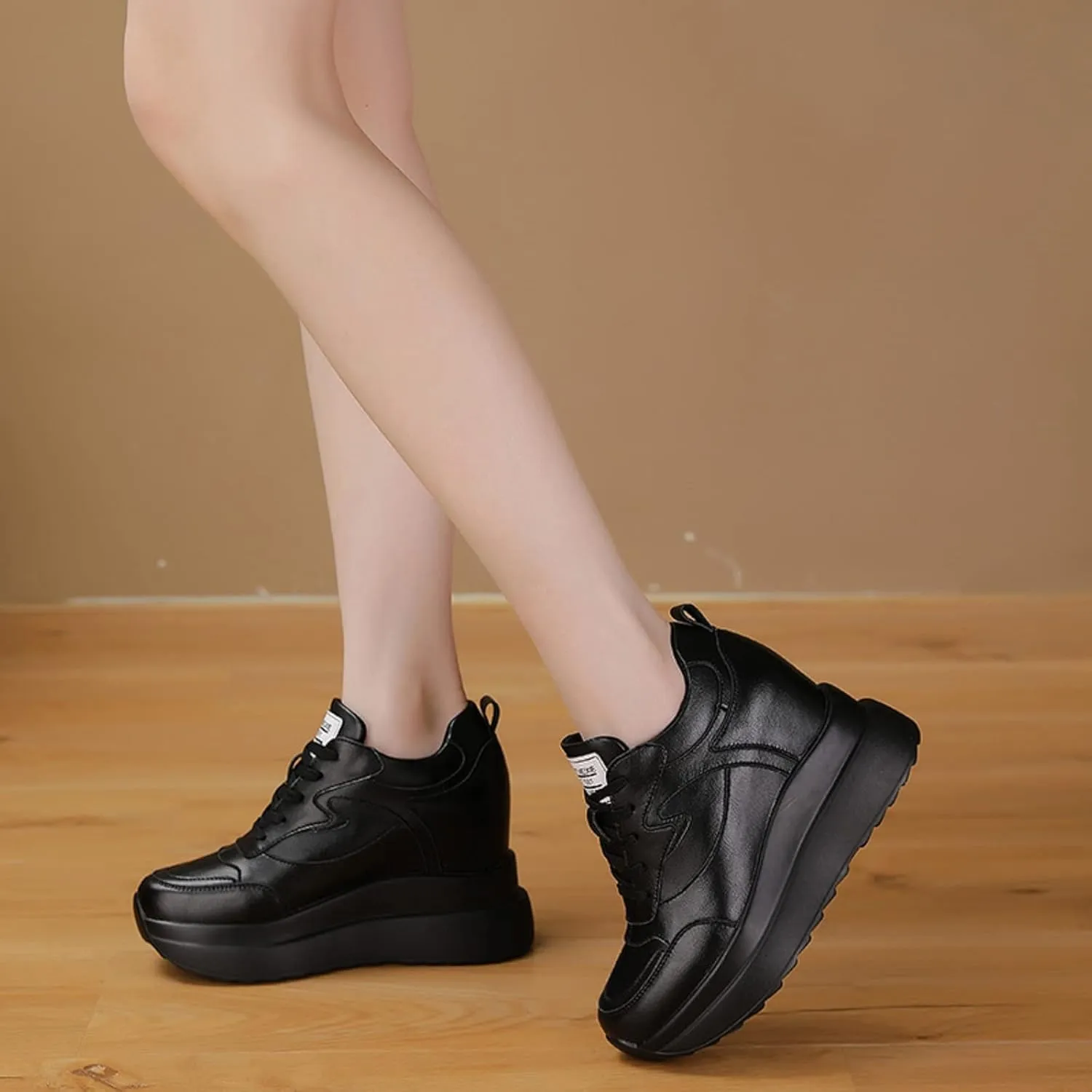 AONEGOLD Platform Sneakers with High Hidden Heel, Wedge Sneakers, Leather Upper, Fashion Lace-ups, Increasing 3.94 inches
