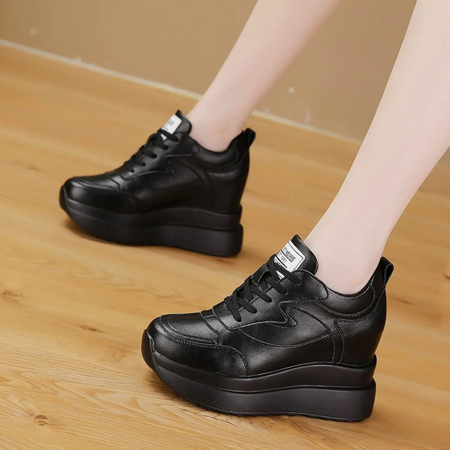 AONEGOLD Platform Sneakers with High Hidden Heel, Wedge Sneakers, Leather Upper, Fashion Lace-ups, Increasing 3.94 inches