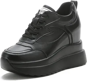 AONEGOLD Platform Sneakers with High Hidden Heel, Wedge Sneakers, Leather Upper, Fashion Lace-ups, Increasing 3.94 inches