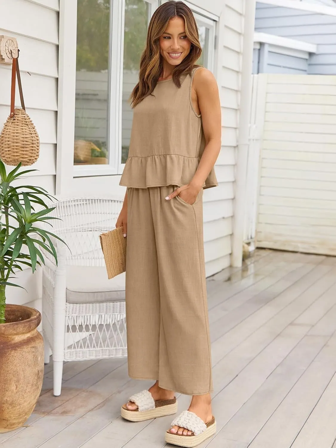 AUTOMET Womens Summer 2 Piece Outfits Linen Crop Tank Tops Lounge Matching Sets & Long Track Pants Tracksuits 2025