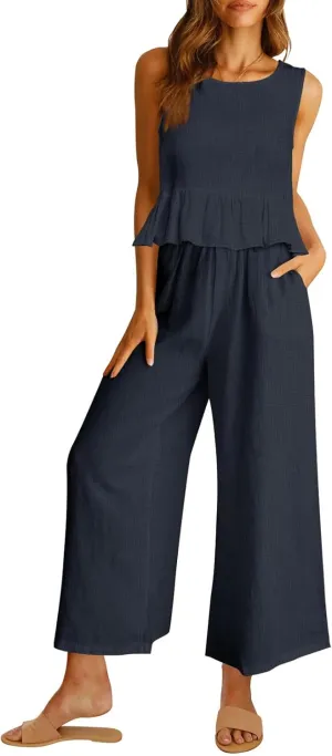 AUTOMET Womens Summer 2 Piece Outfits Linen Crop Tank Tops Lounge Matching Sets & Long Track Pants Tracksuits 2025