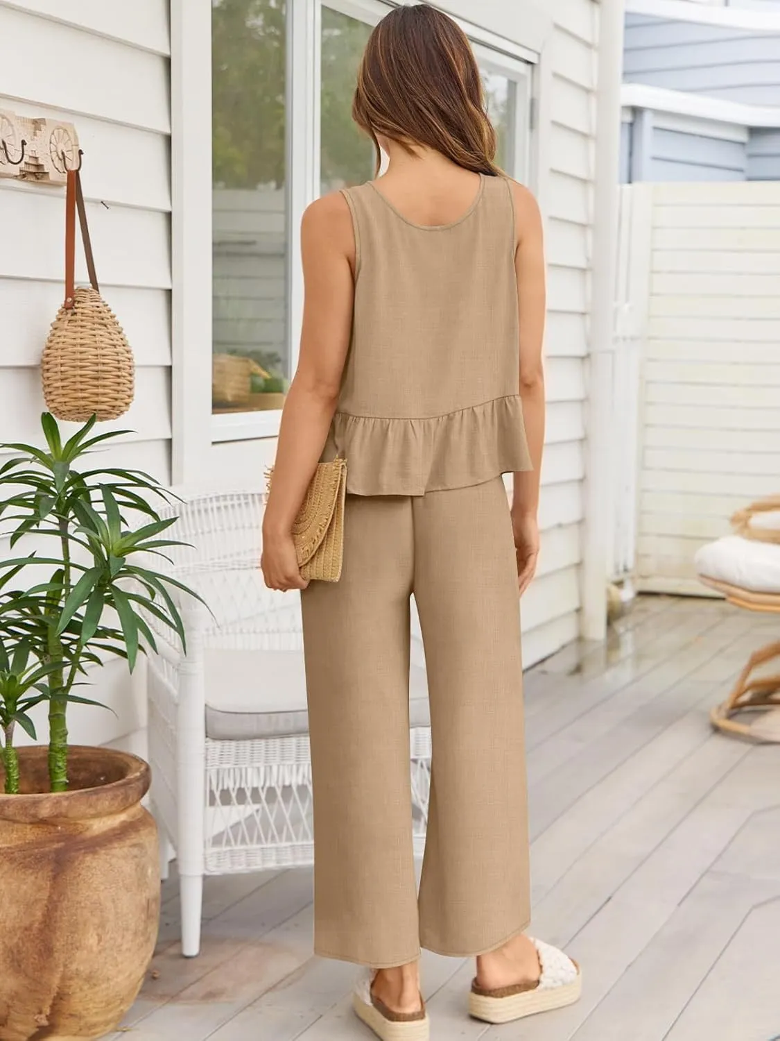 AUTOMET Womens Summer 2 Piece Outfits Linen Crop Tank Tops Lounge Matching Sets & Long Track Pants Tracksuits 2025