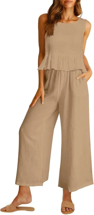 AUTOMET Womens Summer 2 Piece Outfits Linen Crop Tank Tops Lounge Matching Sets & Long Track Pants Tracksuits 2025
