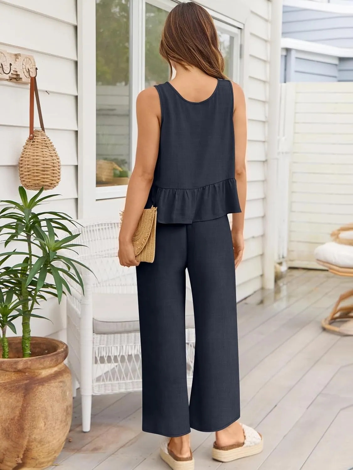 AUTOMET Womens Summer 2 Piece Outfits Linen Crop Tank Tops Lounge Matching Sets & Long Track Pants Tracksuits 2025