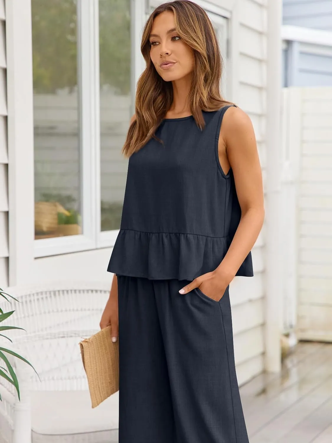 AUTOMET Womens Summer 2 Piece Outfits Linen Crop Tank Tops Lounge Matching Sets & Long Track Pants Tracksuits 2025